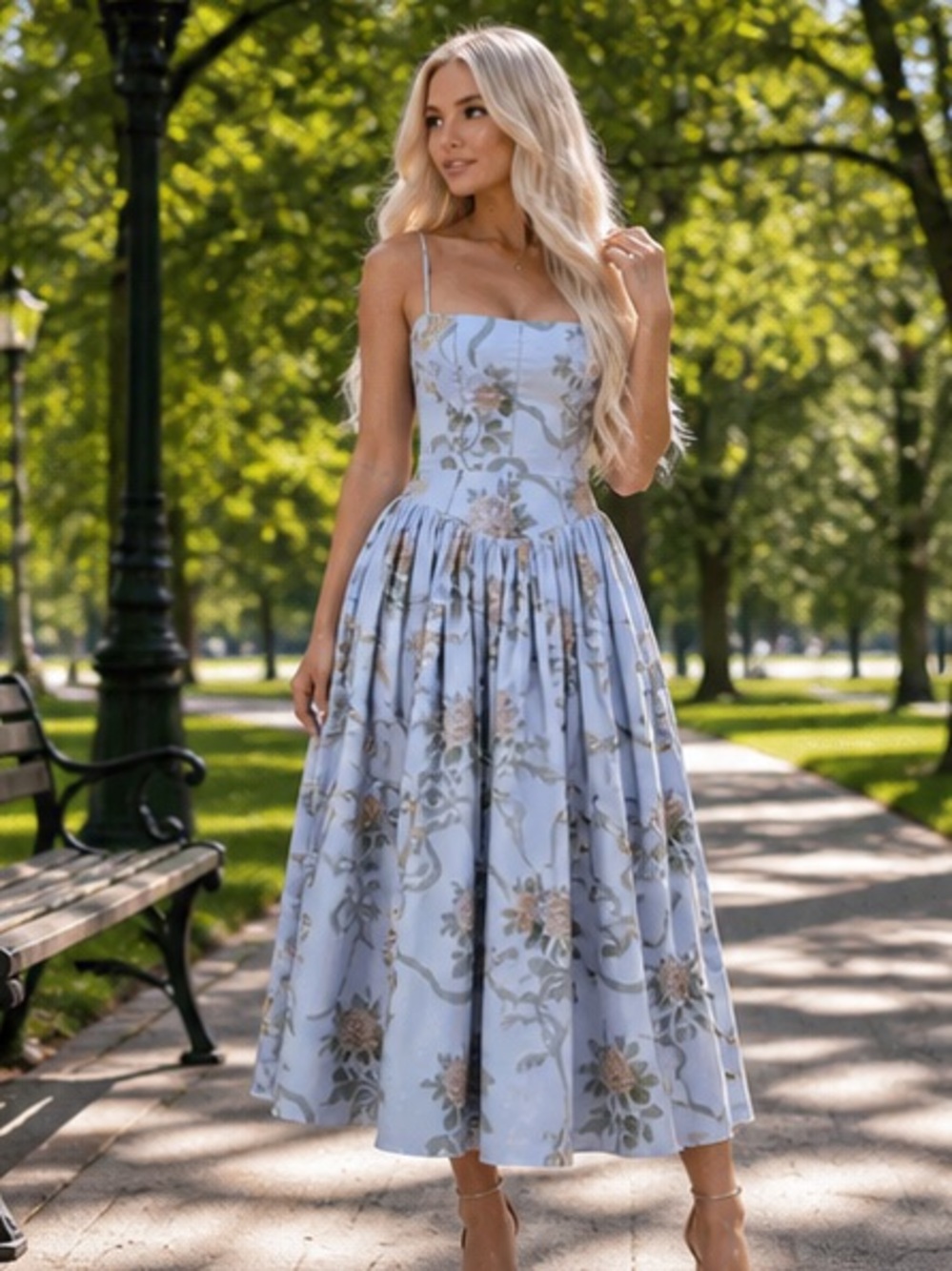 Light Blue Floral Maxi Dress with Spaghetti Straps